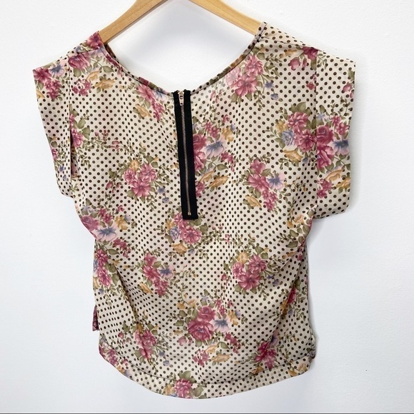 Audrey 3+1 Semi Sheer Polka Dot Floral Top Sz S - Picture 2 of 6